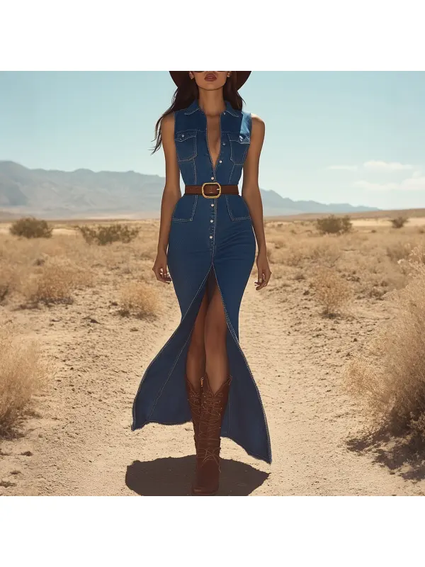 Retro Fashion Western Style Slit Sleeveless Denim Maxi Dress - Realyiyi.com 