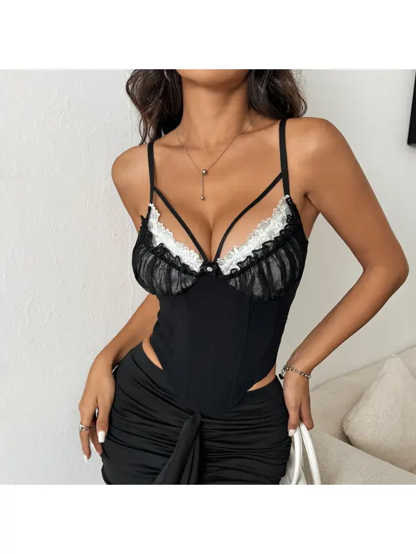Sexy Perspective Mesh Splicing Lace Chest Cotton Hot Girl Backless Fishbone High-end Camisole - Cominbuy.com 