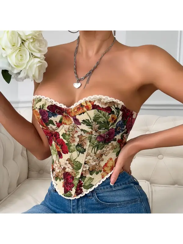 Vintage Floral Print Lace-up French Herringbone Vest - Realyiyi.com 