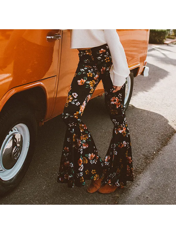 Western Retro Outdoor Floral Flared Pants Women's Casual Slim Fit Trousers - Realyiyi.com 