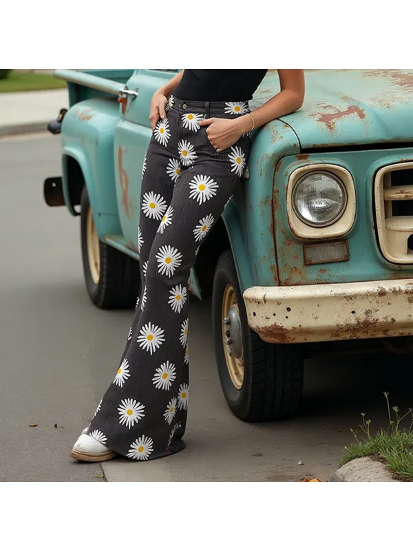 Western Retro Outdoor Floral Flared Pants Women's Casual Slim Fit Trousers - Realyiyi.com 