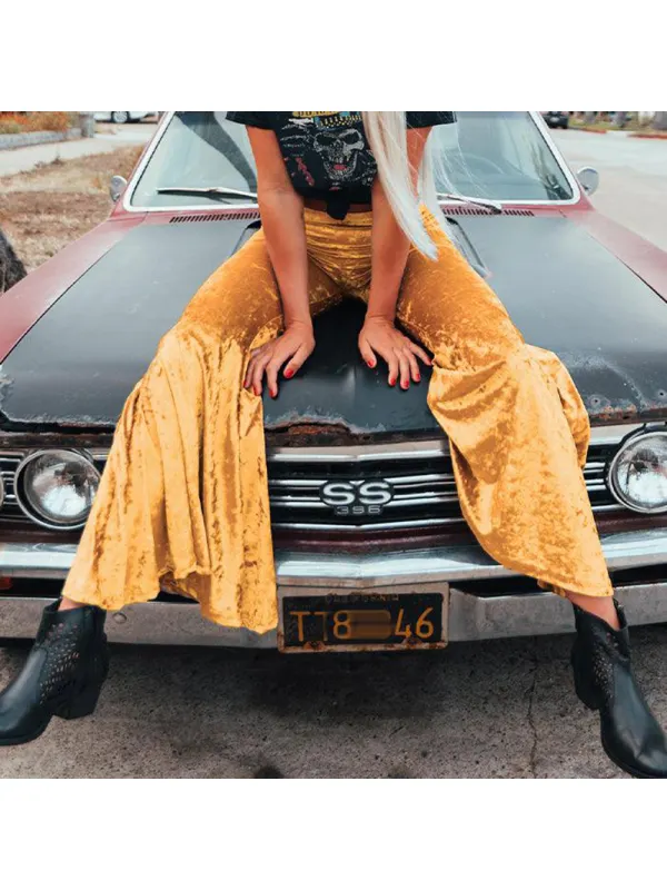 Western Vintage Outdoor Velvet Flared Pants Women's Casual Slim Fit Trousers - Realyiyi.com 