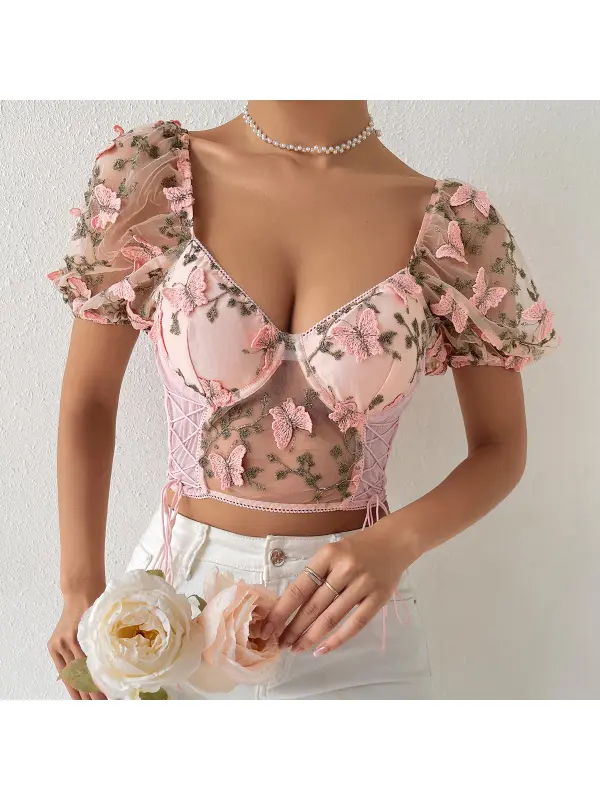 Women's Hot Girl Backless See-through Butterfly Embroidery Suspenders Spliced ​​​​Mesh Top - Realyiyi.com 