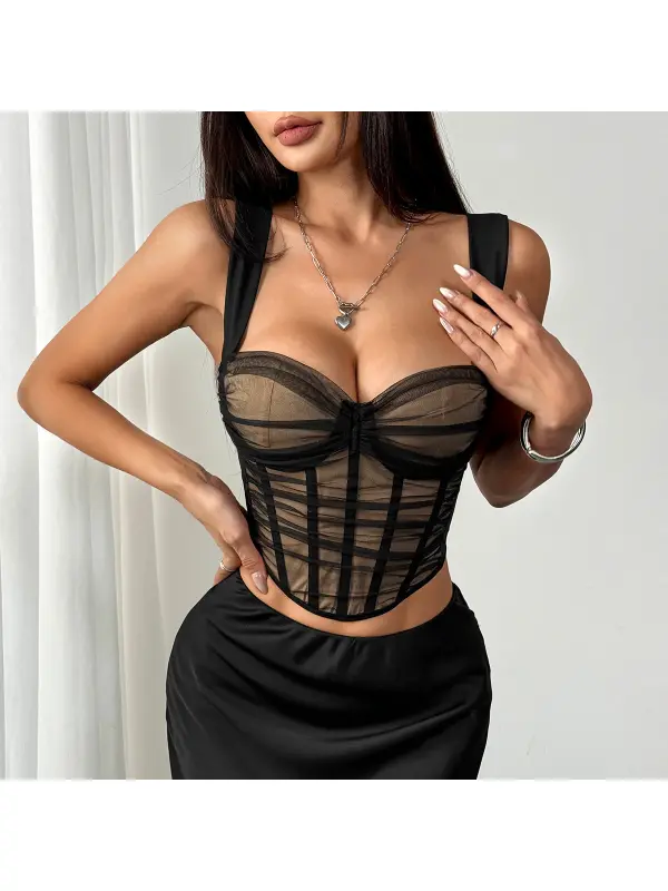 Women's Sexy Mesh See-through Stitching Contrast Color Chest Cotton Fishbone Bra Vest - Cominbuy.com 