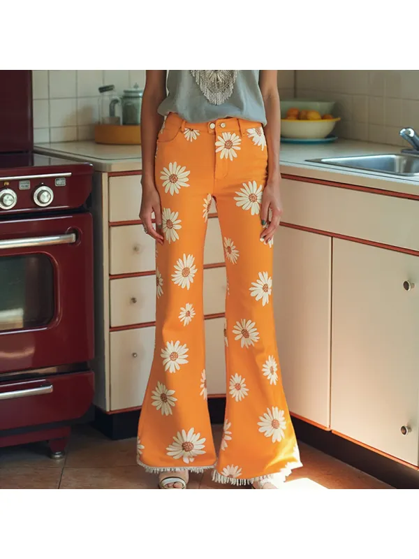 Western Retro Outdoor Floral Flared Pants Women's Casual Slim Fit Trousers - Cominbuy.com 