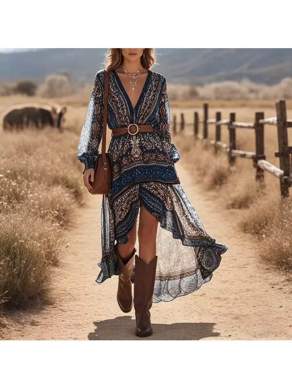 Women's Bohemian Fashion Navy Blue Printed Holiday Long Lantern Sleeve Dress - Realyiyishop.com 