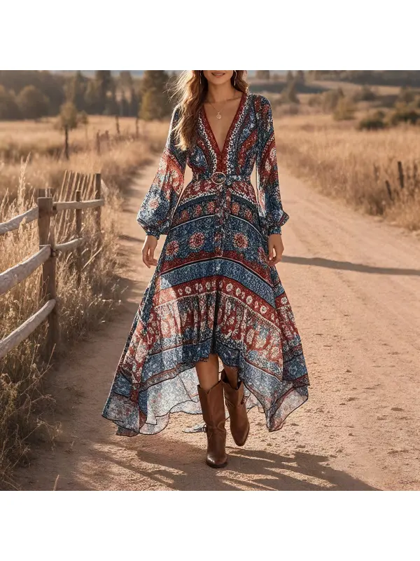 Women's Bohemian Blue V Neck Design Chiffon Lantern Sleeve Long Dress - Realyiyishop.com 