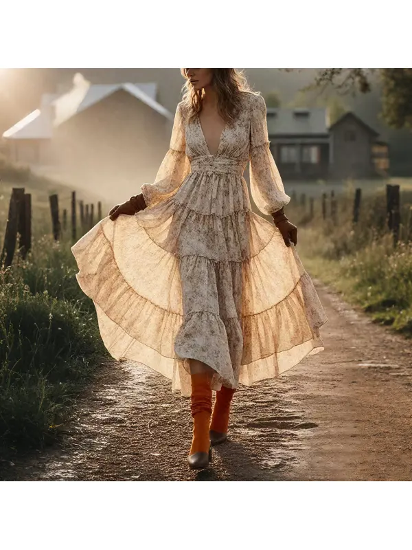 Women's Cute Yellow Printed Chiffon Long Dress - Realyiyishop.com 