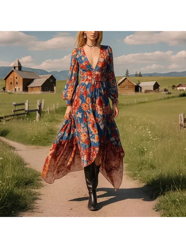 Women's Bohemian V-neck Ruffled Chiffon Lantern Sleeve Long Dress - Geocici.com 