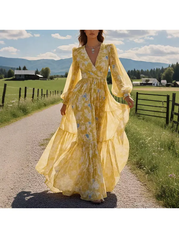 Women's Fashion Yellow V-neck Chiffon Lantern Sleeve Long Dress - Realyiyishop.com 
