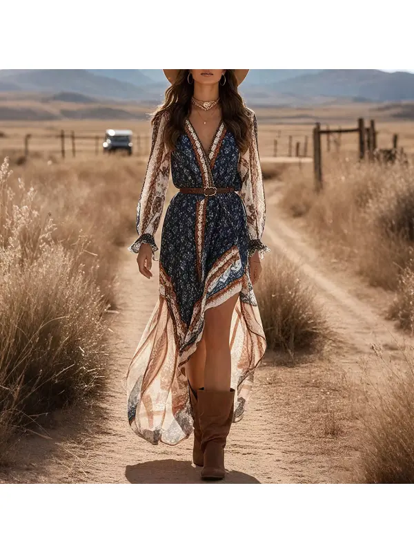 Women's Bohemian Blue V-Neck Printed Asymmetric Chiffon Holiday Maxi Dress - Realyiyishop.com 