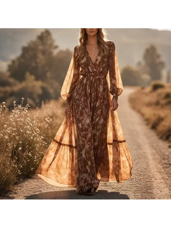Women's Bohemian Patchwork Waisted Chiffon Long Dress - Cominbuy.com 