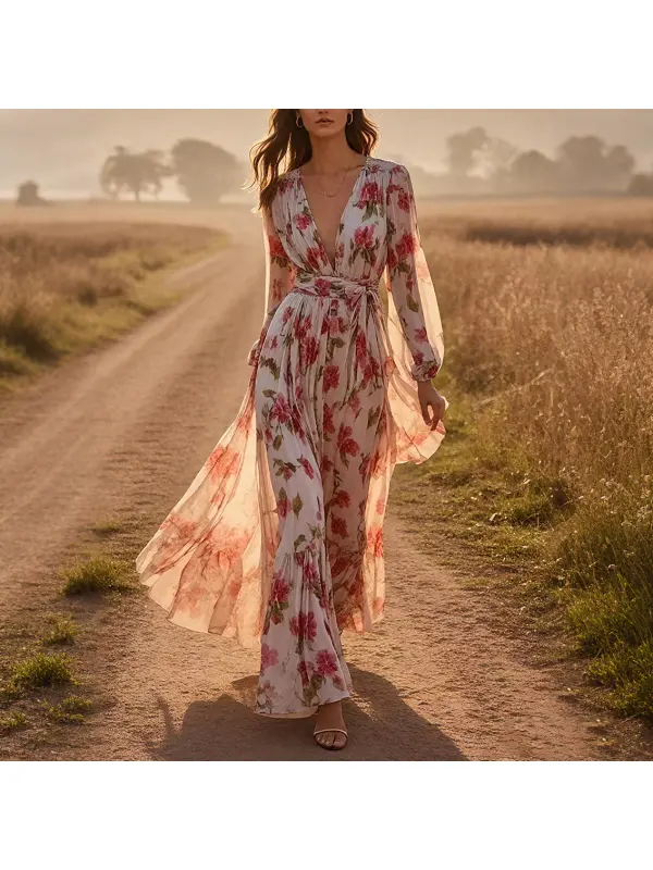 Women's Bohemian Red V-neck Waist Chiffon Lantern Sleeve Long Dress - Realyiyishop.com 