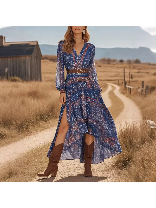 Women's Bohemian Blue Asymmetric Side-Slit Holiday Chiffon Maxi Dress - Realyiyishop.com 