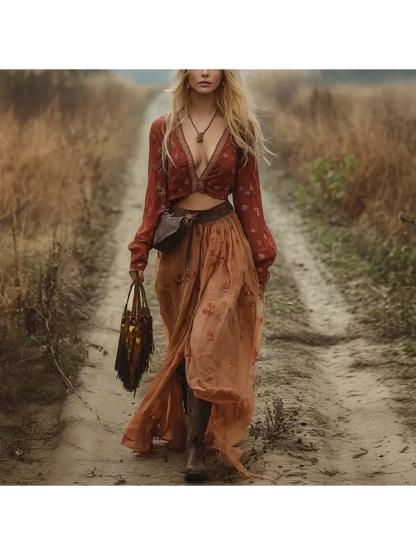 Western Ethnic Style Women's Long Skirt Suit Outdoor Retro Casual V-neck Long-sleeved Top + Long Skirt - Geocici.com 