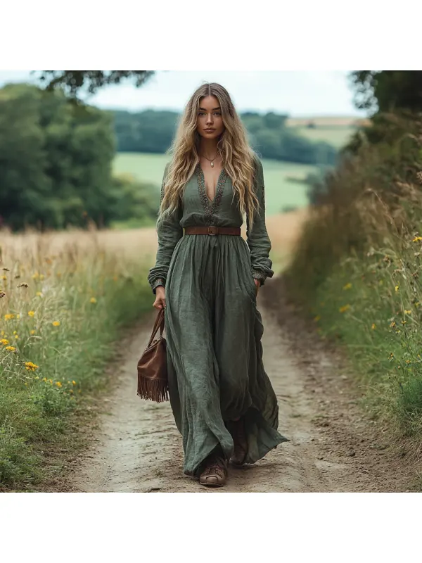 Western Vintage V-Neck Linen Women's Long Sleeve Maxi Dress Country Pastoral Vintage Dress - Geocici.com 