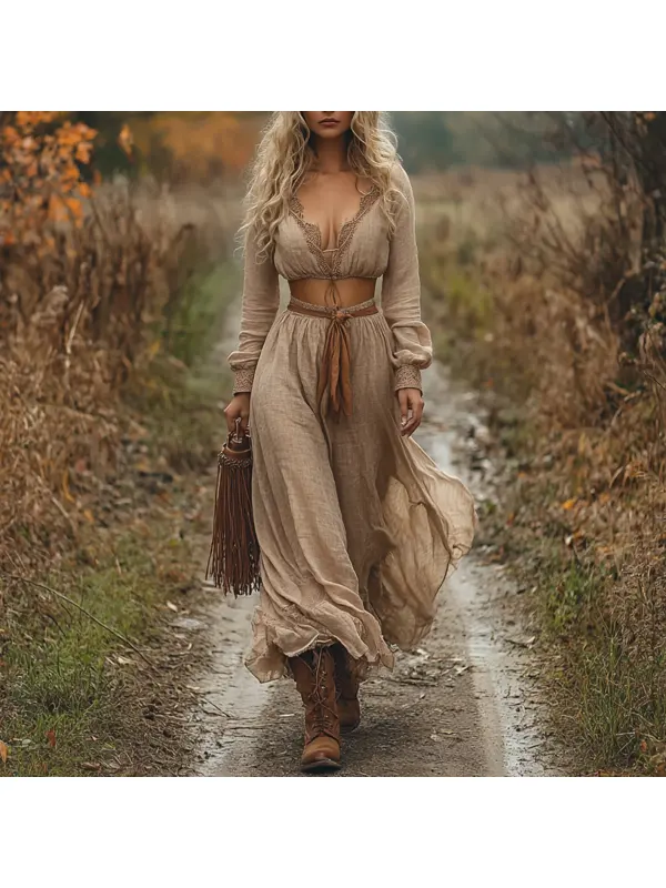 Western Ethnic Style Women's Floral Long Skirt Suit Outdoor Retro Casual V-neck Long-sleeved Top + Long Skirt - Machoup.com 