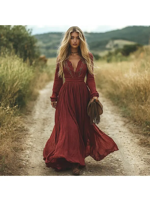 Western Vintage V-Neck Linen Women's Long Sleeve Maxi Dress Country Pastoral Vintage Dress - Geocici.com 