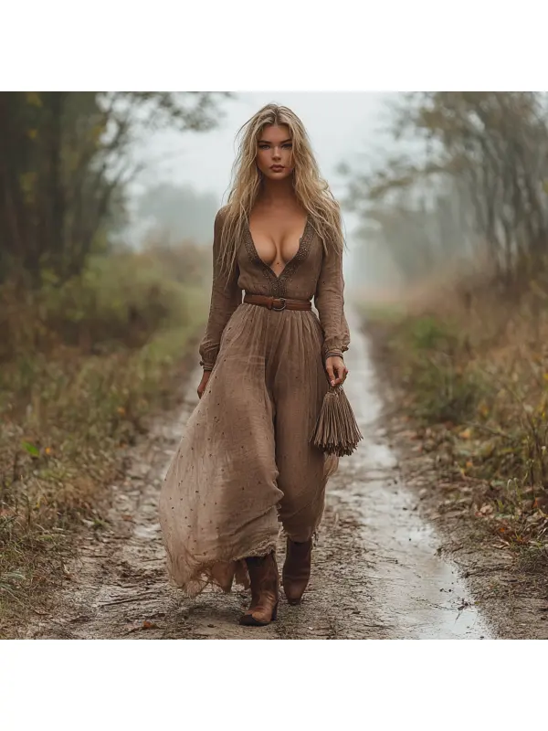 Western Vintage V-Neck Linen Women's Long Sleeve Maxi Dress Country Pastoral Vintage Dress - Tulipace.com 