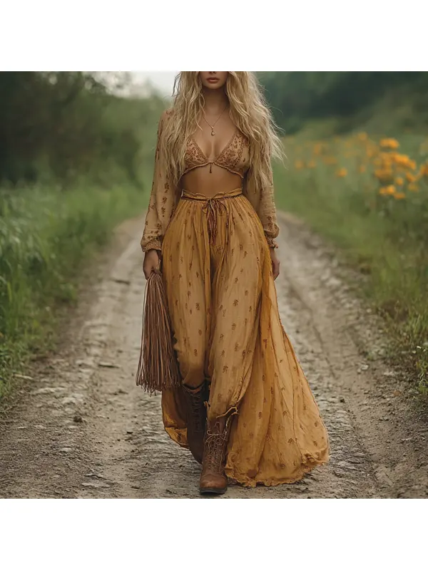 Western Ethnic Style Women's Floral Long Skirt Suit Outdoor Retro Casual V-neck Long-sleeved Top + Long Skirt - Machoup.com 