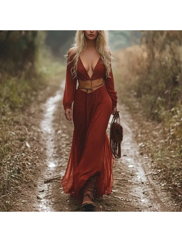 Western Ethnic Style Women's Floral Long Skirt Suit Outdoor Retro Casual V-neck Long-sleeved Top + Long Skirt - Realyiyishop.com 
