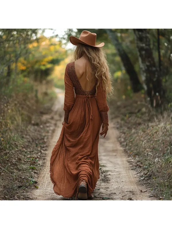 Western Vintage V-Neck Linen Women's Long Sleeve Maxi Dress Country Pastoral Vintage Dress - Geocici.com 