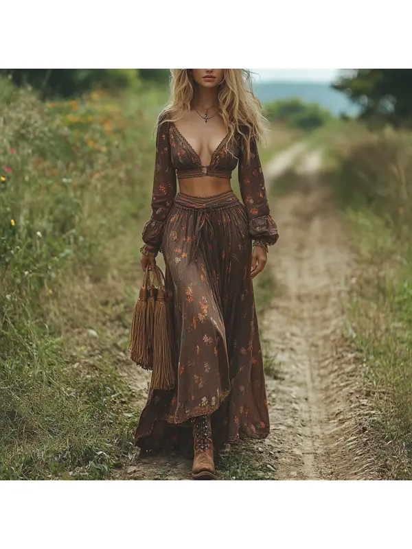 Western Ethnic Style Women's Floral Long Skirt Suit Outdoor Retro Casual V-neck Long-sleeved Top + Long Skirt - Machoup.com 