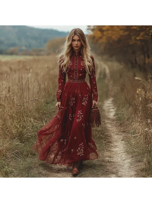 Western Vintage Turtleneck Linen Women's Long Sleeve Maxi Dress Country Pastoral Vintage Dress - Tulipace.com 