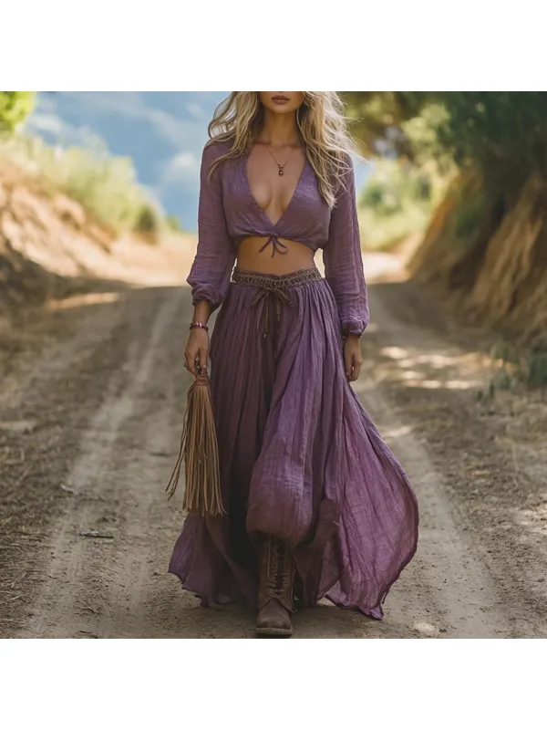 Western Ethnic Style Women's Long Skirt Suit Outdoor Retro Casual V-neck Long-sleeved Top + Long Skirt - Tulipace.com 