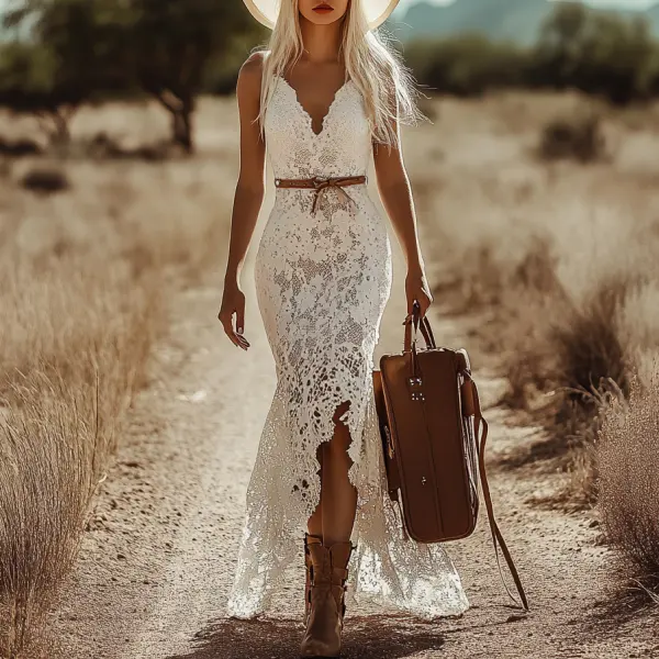 Women's Retro Bohemian White Lace Sleeveless Maxi Dress - Ootdyouth.com 