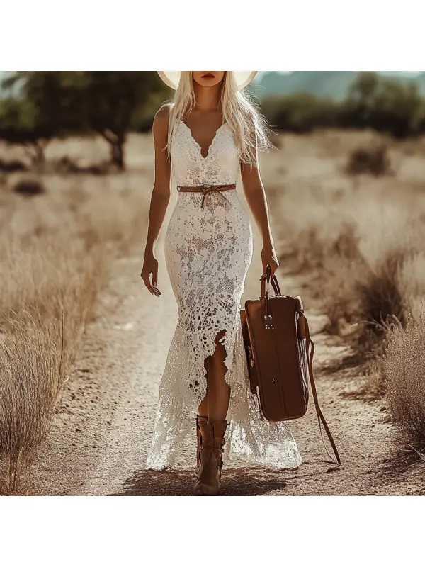 Women's Retro Bohemian White Lace Sleeveless Maxi Dress - Geocici.com 
