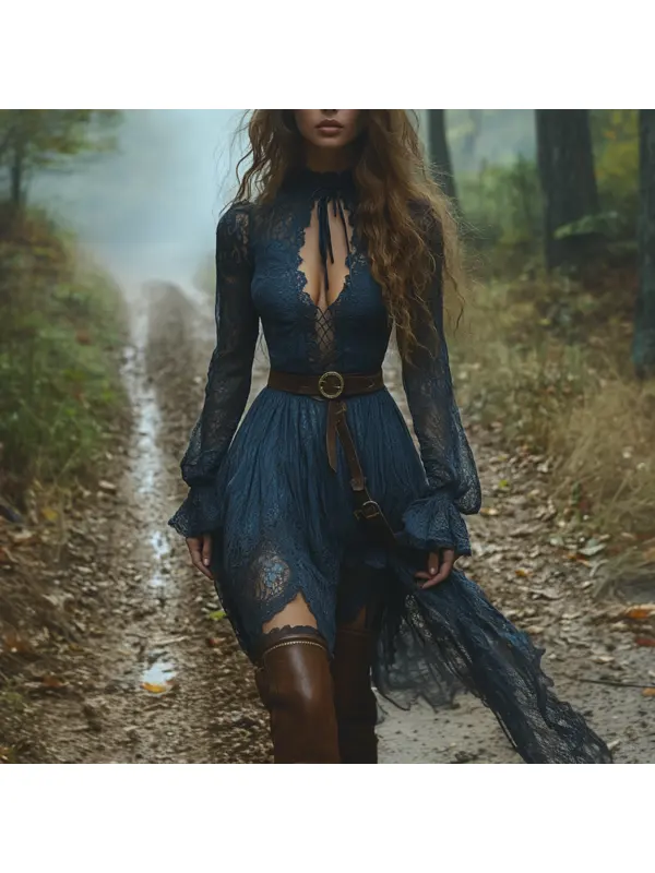 Retro V-neck Lace Women's Long-sleeved Dress Pastoral Style Lace Retro Long Dress - Geocici.com 