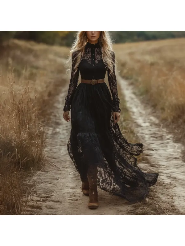 Retro Lace Women's Long-sleeved Dress Pastoral Style Lace Retro Long Dress - Cominbuy.com 