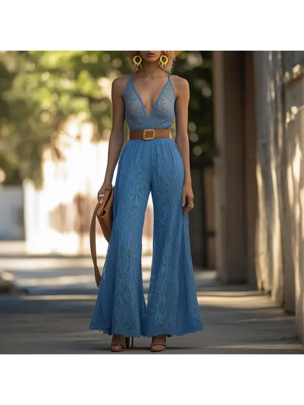 Casual Western Style Vintage Blue V-Neck Wide-Leg Lace Jumpsuit - Realyiyi.com 