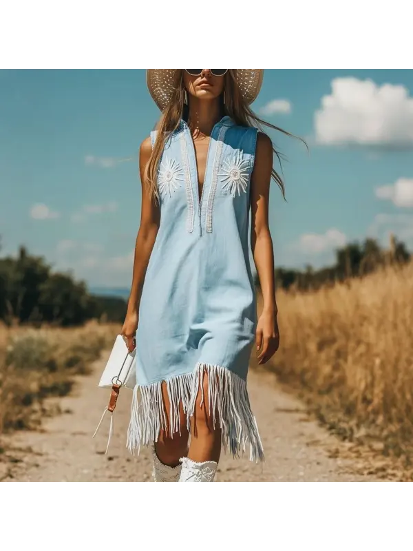 Women's Boho Chic Denim Dress With Fringe And Floral Embroidery - Geocici.com 