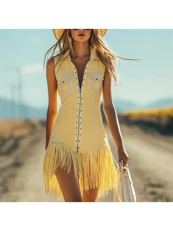 Women's Yellow Fringed Denim Dress With Straw Hat - Realyiyi.com 