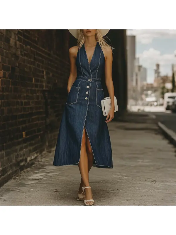 Casual Retro V-Neck Slit Dark Blue Denim Midi Dress - Geocici.com 