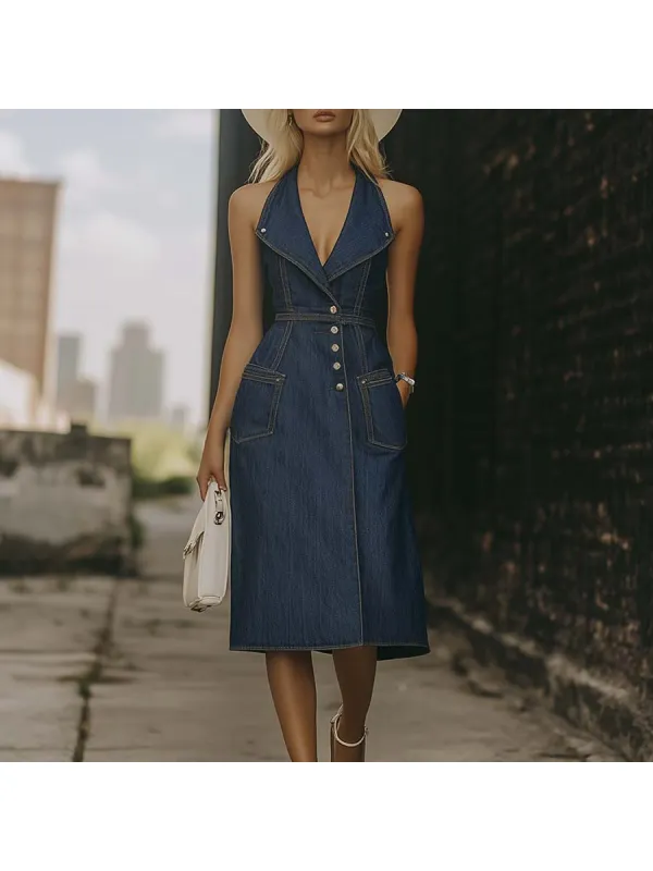 Elegant V-Neck Large Lapel Front Button Dark Blue Breathable Denim Midi Dress - Geocici.com 