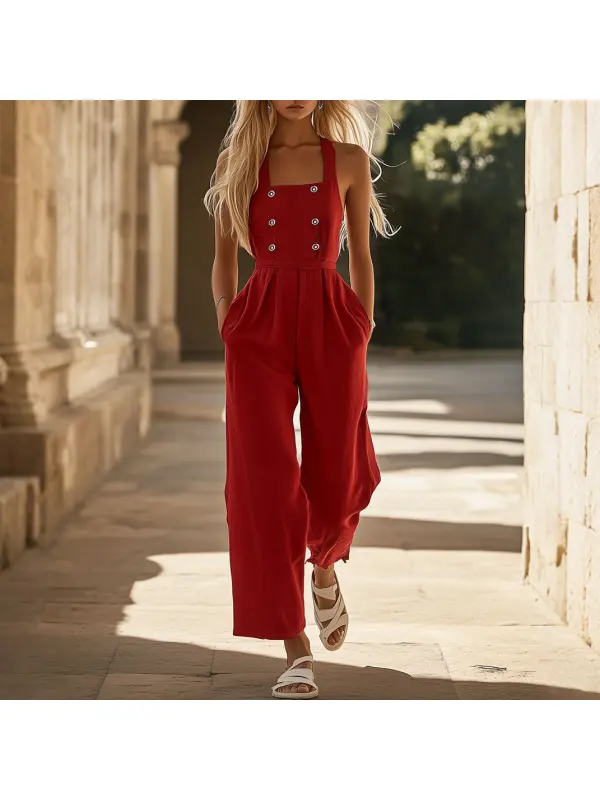 Western Retro Red Cotton And Linen Sleeveless Vest Wide Leg Jumpsuit - Realyiyi.com 