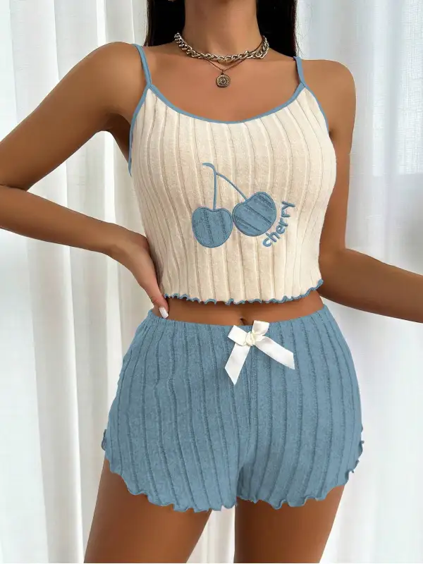 European And American Style Embroidered Pajamas Women's Sanded Camisole Vest Shorts Suit High Elastic Two-piece Suit - Geocici.com 
