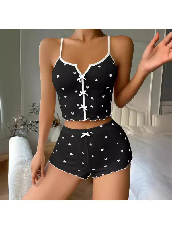 Heart-shaped Print Contrasting Color Home Wear Front Slit Suspender Pajamas Set High Elastic Suit - Geocici.com 