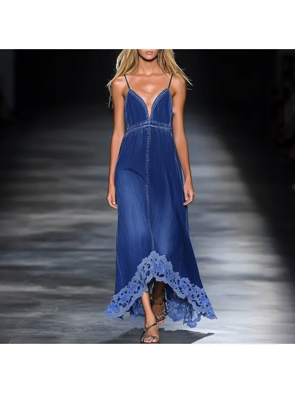 Casual Loose Blue Denim Lace Trim Spaghetti Strap Maxi Dress - Hoplady.chimpone.com 