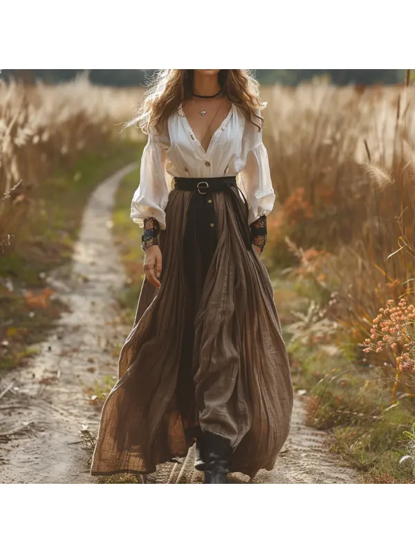 Retro V-neck Contrast Linen Women's Long-sleeved Long Skirt Pastoral Style Linen Dress - Viewbena.com 