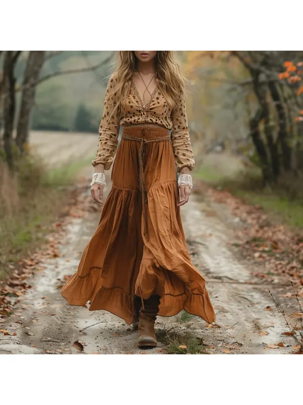 Retro V-neck Linen Women's Long-sleeved Long Skirt Pastoral Style Leopard Print Linen Dress - Viewbena.com 