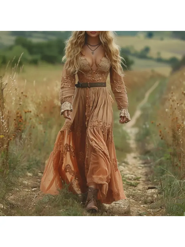 Retro V-neck Lace Linen Women's Long-sleeved Long Skirt Pastoral Style Linen Dress - Viewbena.com 