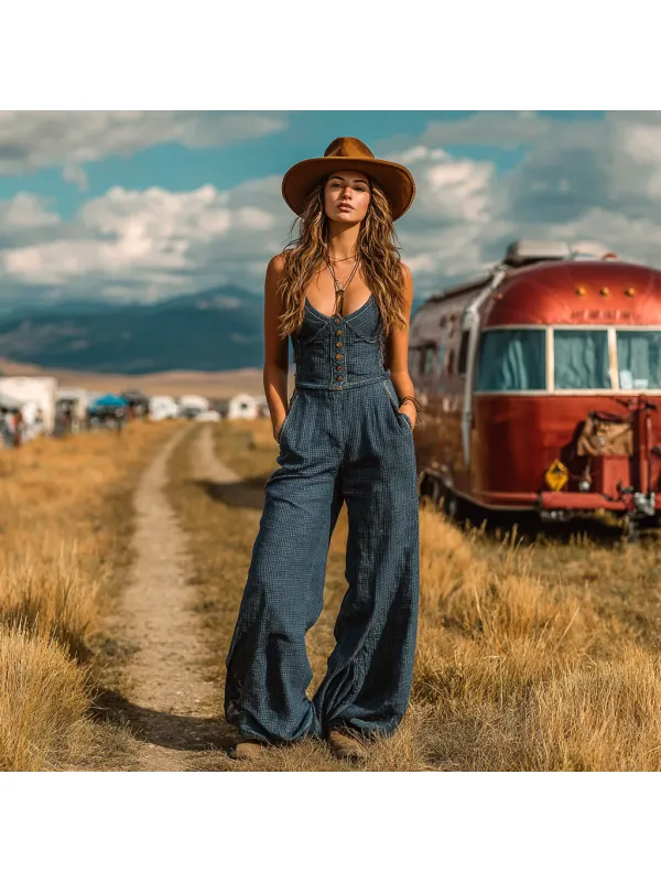 Women's Western Cowboy Style Outdoor Vintage Denim Jumpsuit In The Countryside - Viewbena.com 