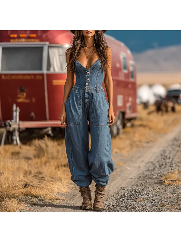Women's Western Cowboy Style Outdoor Casual Denim Jumpsuit Trousers - Viewbena.com 