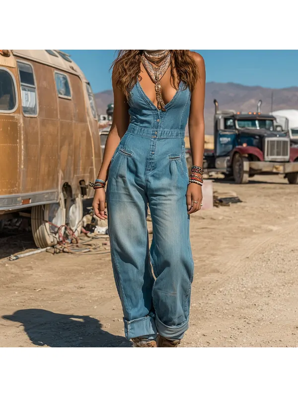 Women's Western Cowboy Style Outdoor Casual Denim Jumpsuit - Tulipace.com 