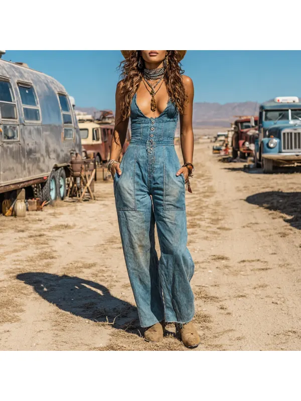 Women's Western Cowboy Style Outdoor Casual Denim Jumpsuit - Tulipace.com 