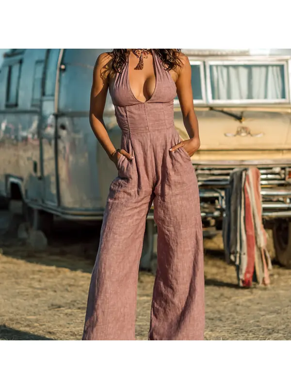 Women's Western Cowboy Style Outdoor Vintage-Inspired Pink Jumpsuit With Wide Legs - Tulipace.com 